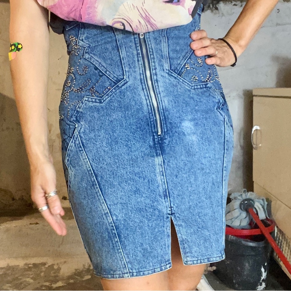 80s vintage Tramway Paris studded distressed Blue Denim Zip-Front  Pencil Skirt